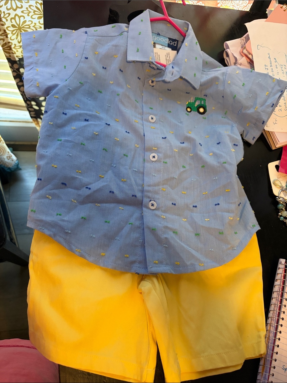 Good Lad Blue Tractor-Embroidered Button Shirt and short set 3t